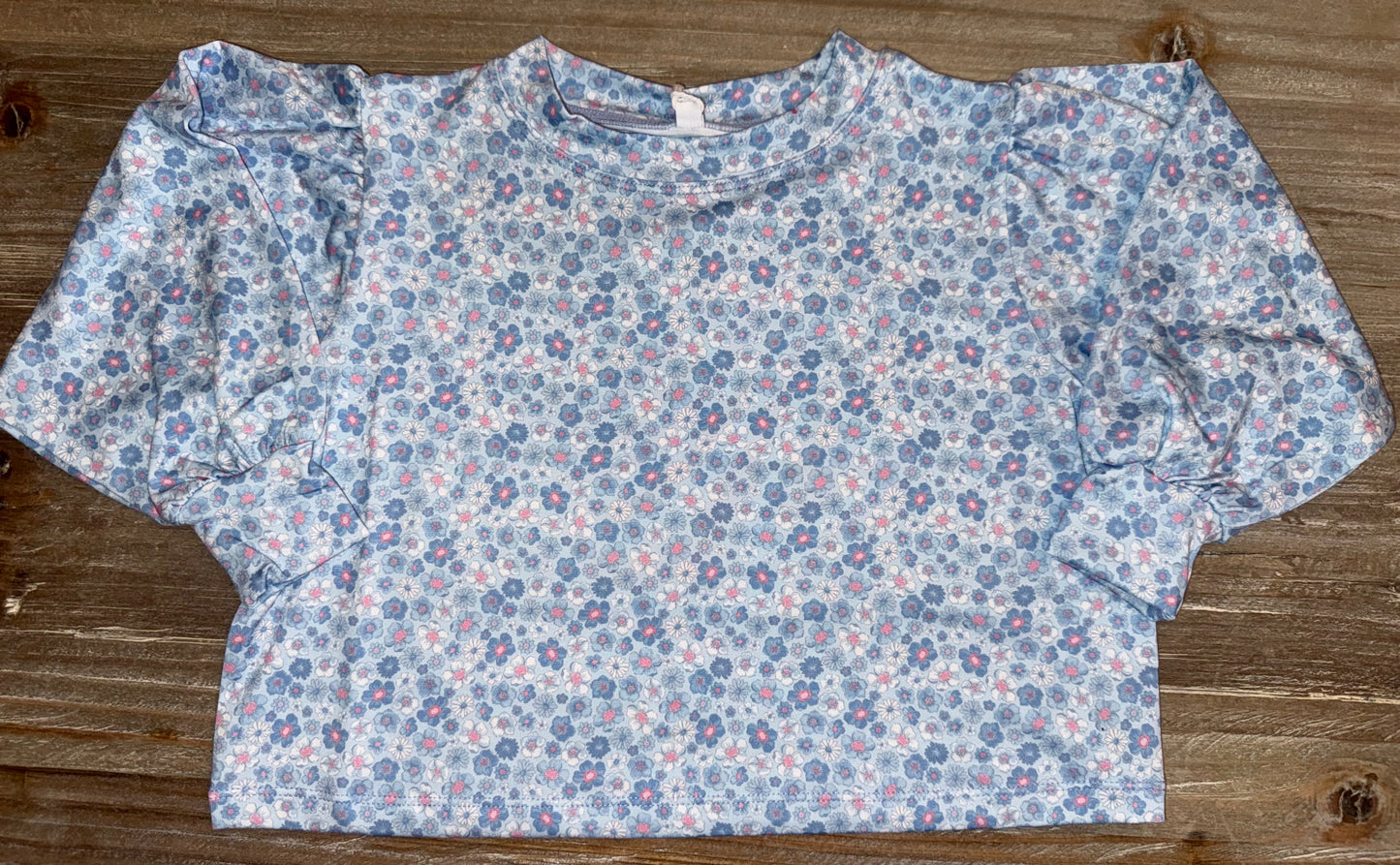 Blue Floral Girls Puff Sleeve Top