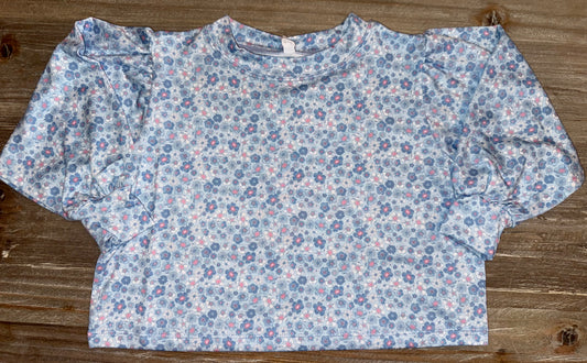 Blue Floral Girls Puff Sleeve Top