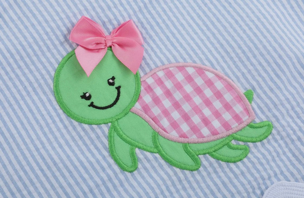 Light Blue Seersucker Turtle Girls Bloomer Set