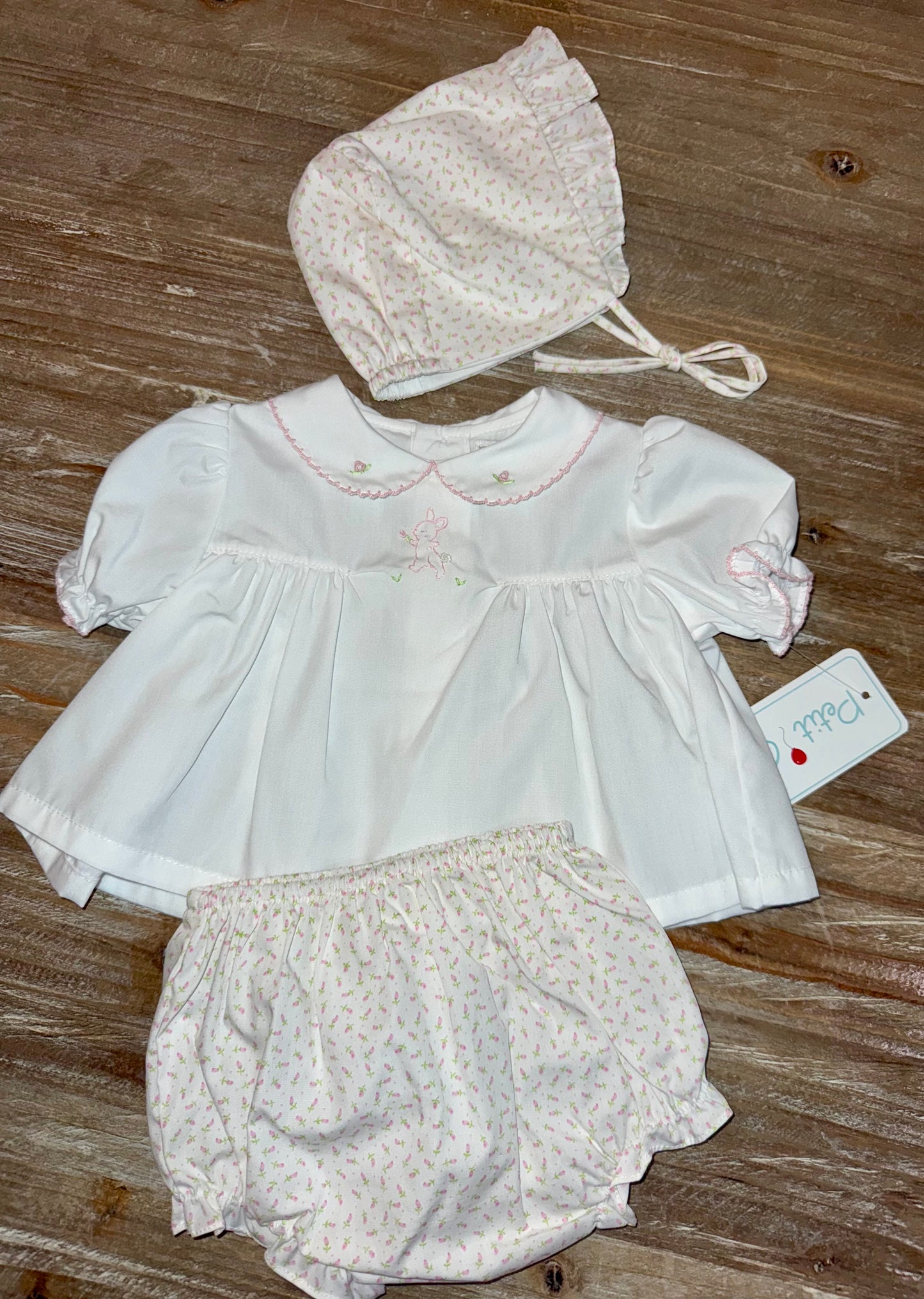 Bunny Stitched Girls Bloomer Set with Bonnet