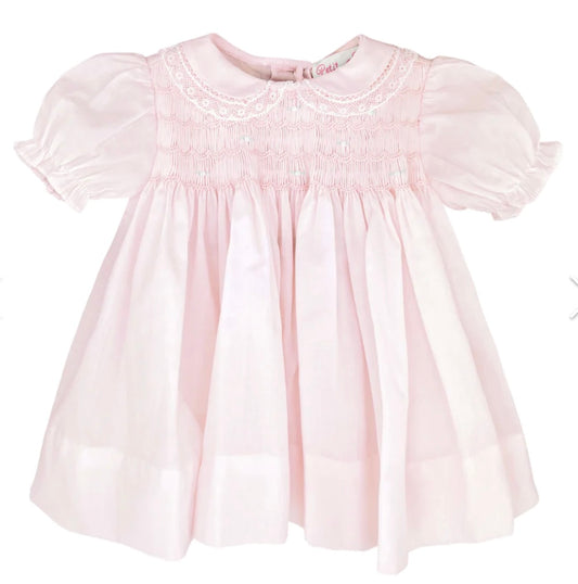 Petit Ami Pink Fully Smocked Lace Girls Dress with Bonnet