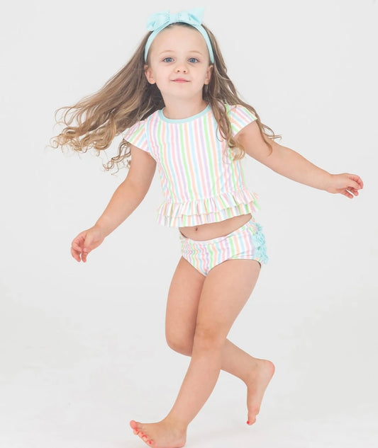 Pale Rainbow Stripe Cap Sleeve Ruffle Hem Girls Bikini