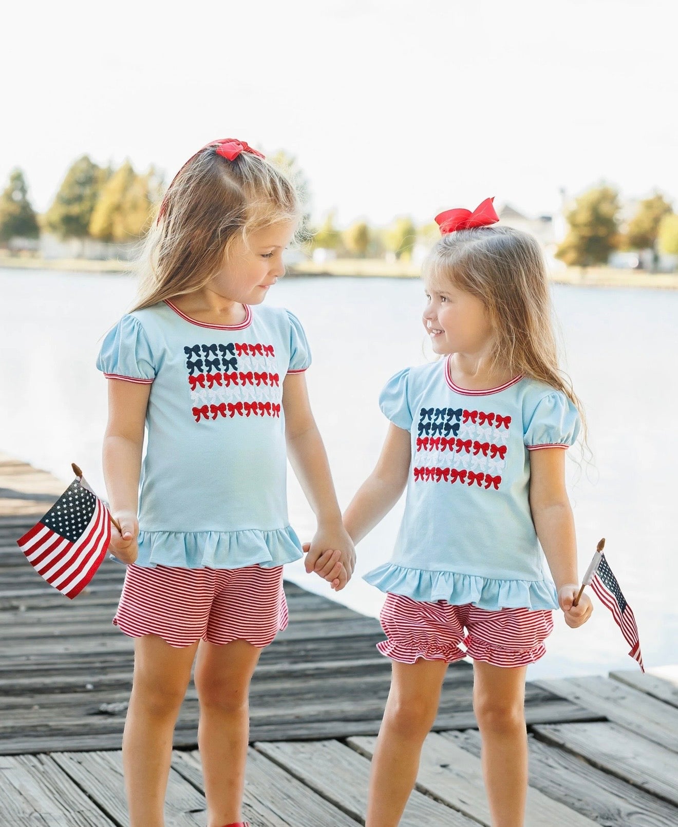 Red, White, and Bows Patriotic Girls Scallop Short Set