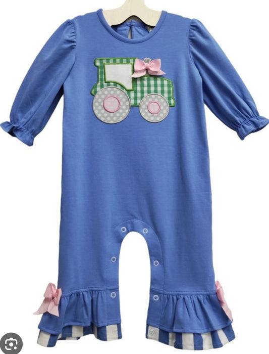 Three Sisters Blue Tractor Appliqué Girls Romper