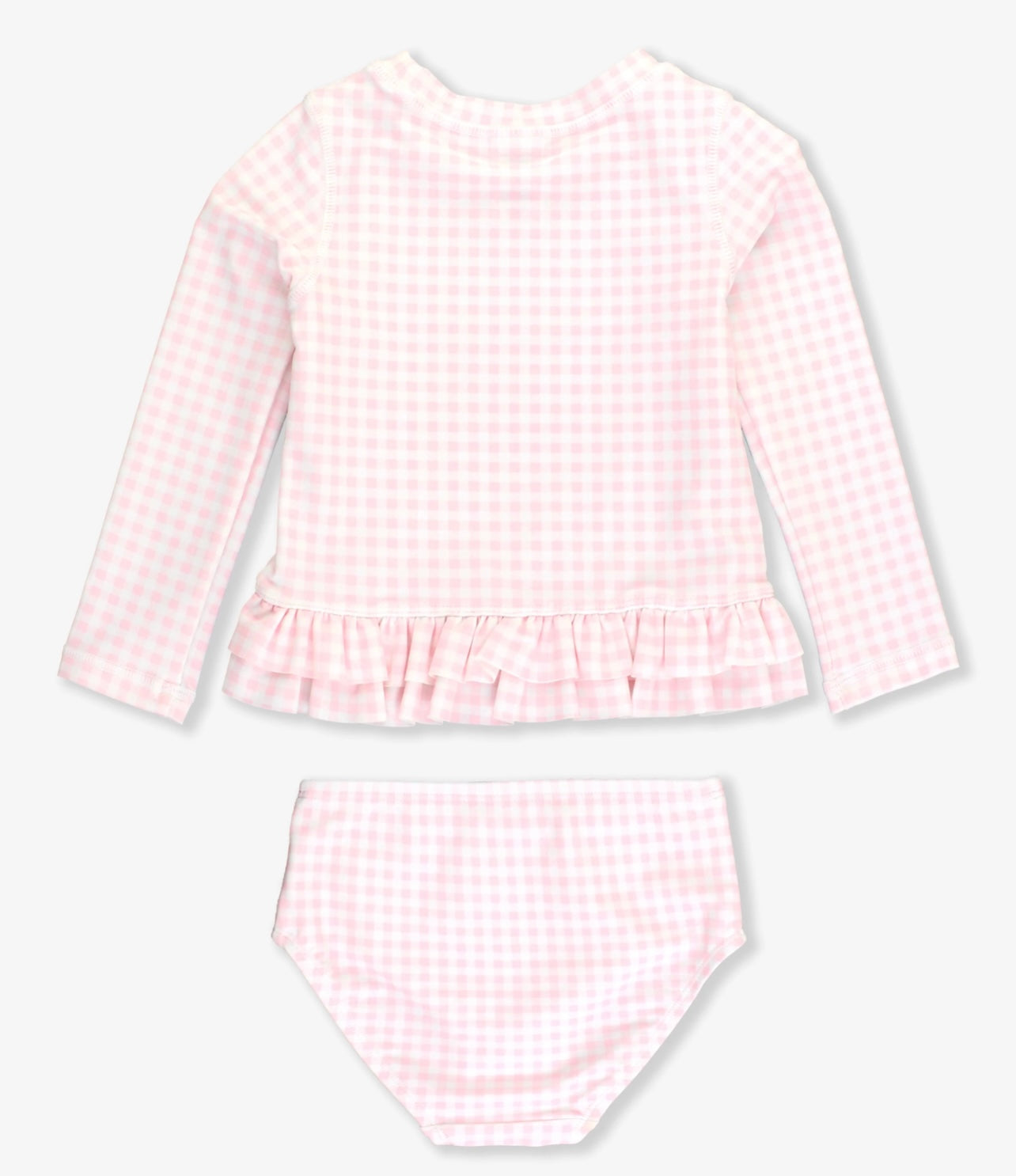 Pink Gingham Ruffle Hem Girls 2-Piece Rash Guard