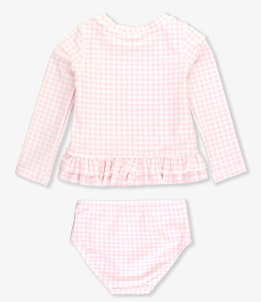 Pink Gingham Ruffle Hem Girls 2-Piece Rash Guard