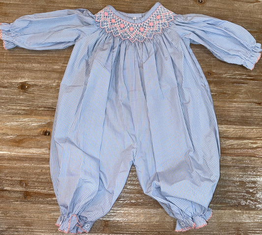 Blue Gingham Check Smocked Girls Flowers Romper