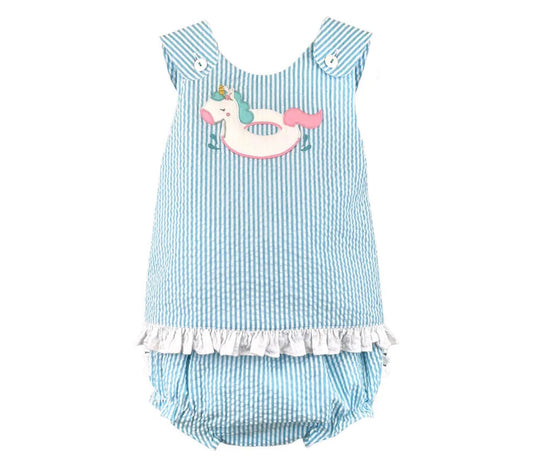 Petit Ami Aqua Seersucker Unicorn Float Girls Bloomer Set