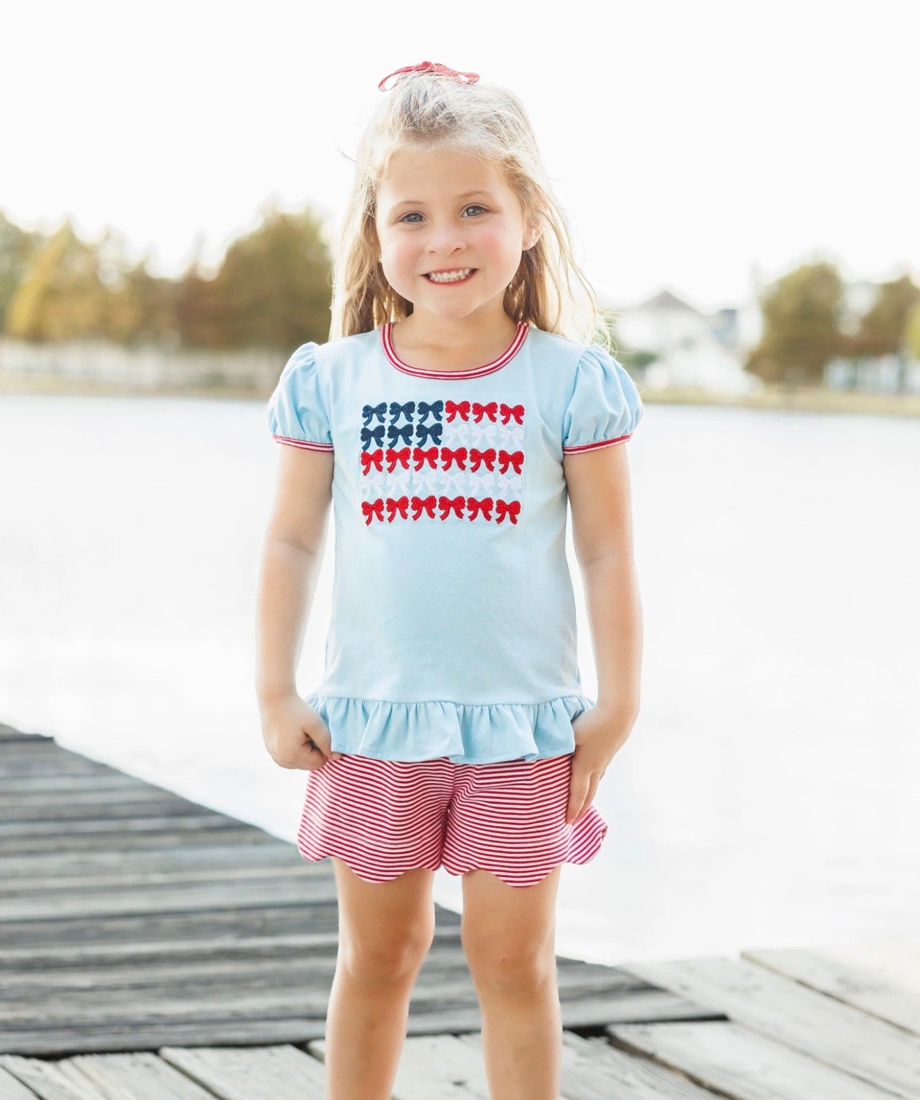 Red, White, and Bows Patriotic Girls Scallop Short Set