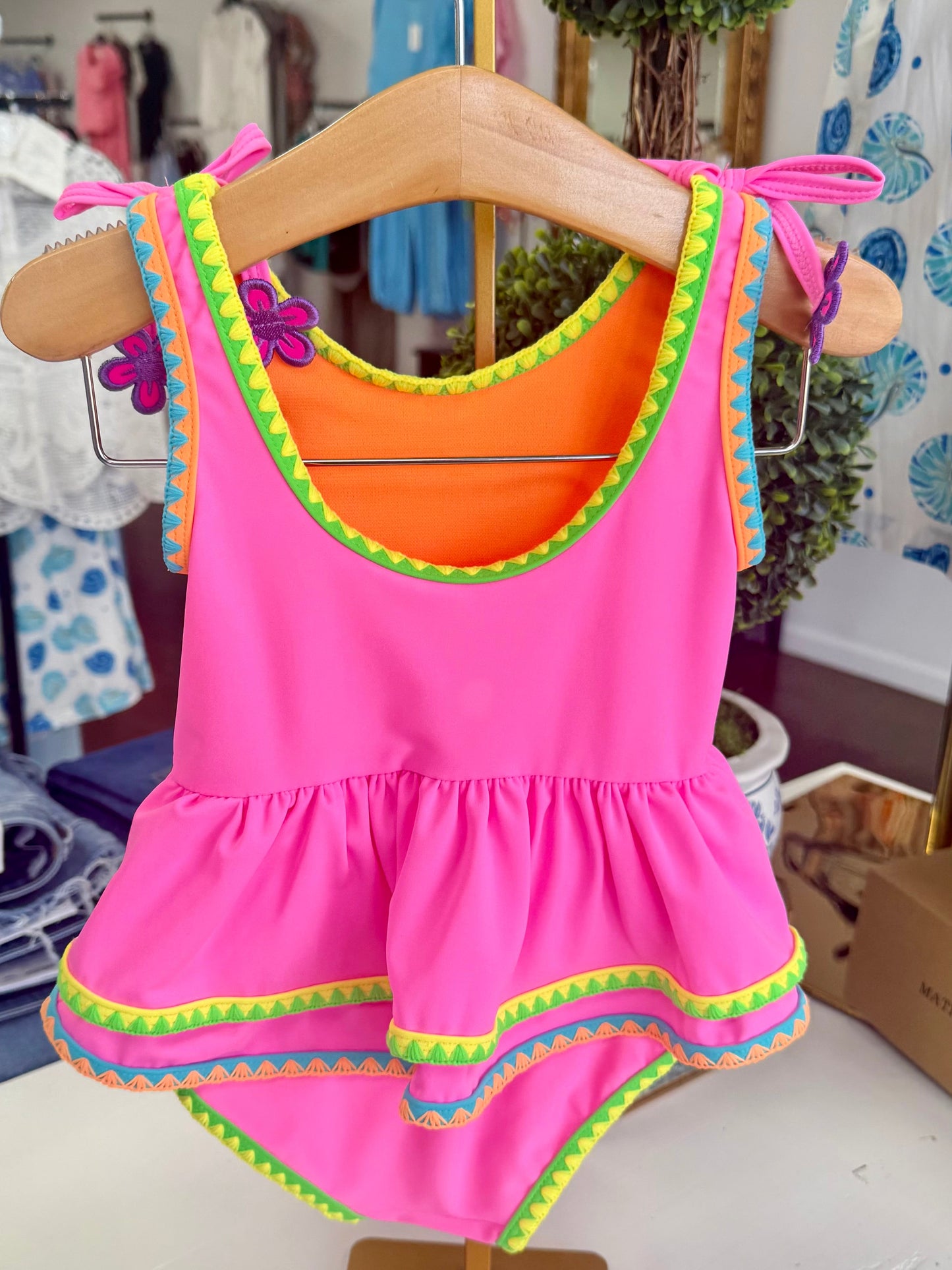Neon Pink Crochet Girls Peplum One Piece
