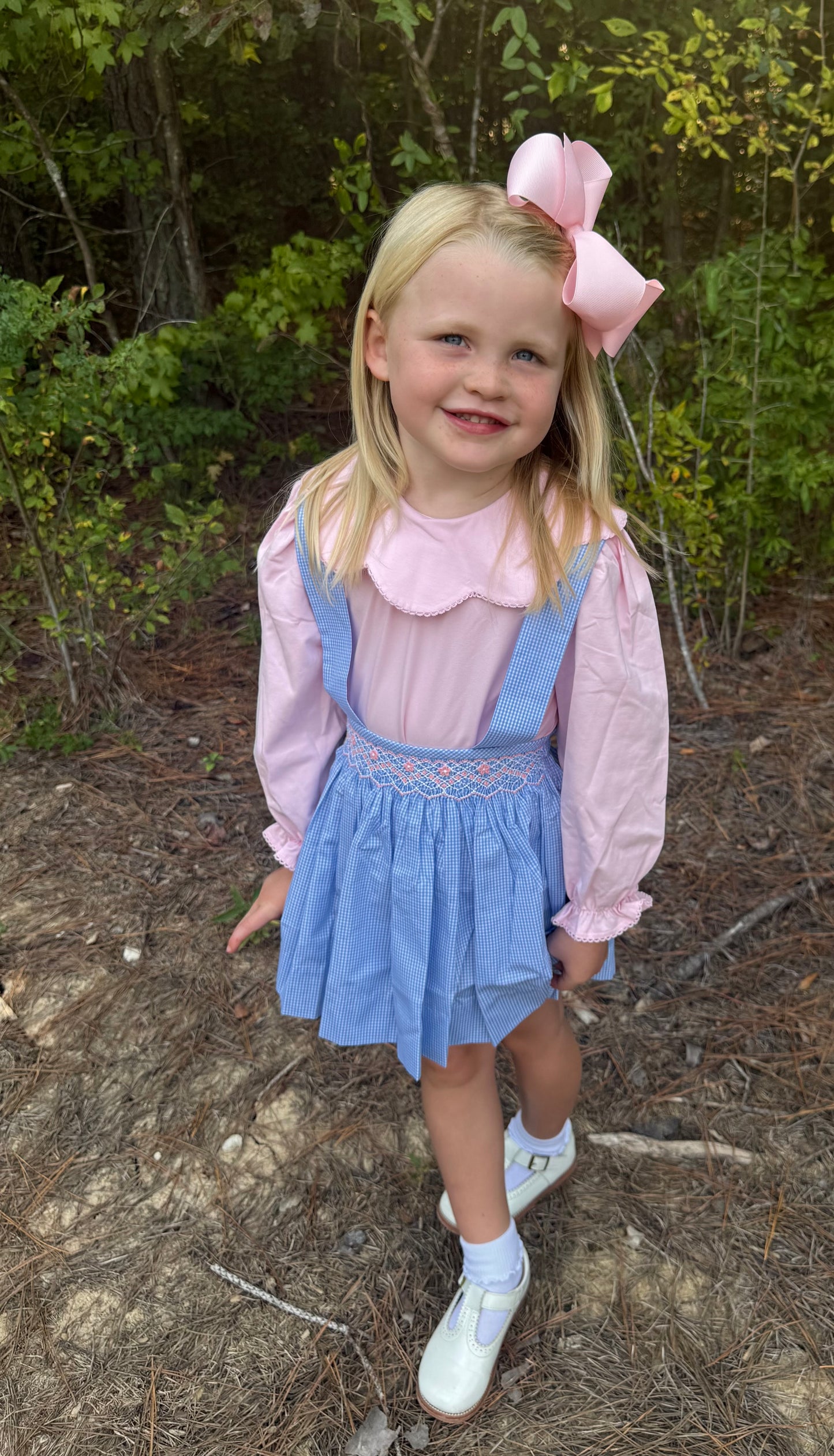 Blue Gingham Smocked Girls Flowers Jumper