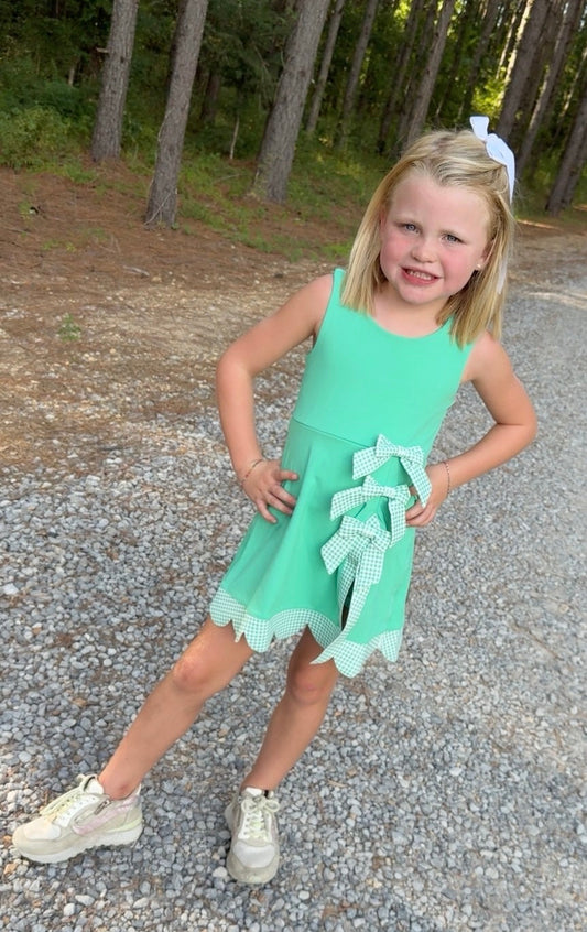 Green Bow/Scallop Girls Green Gingham Dress