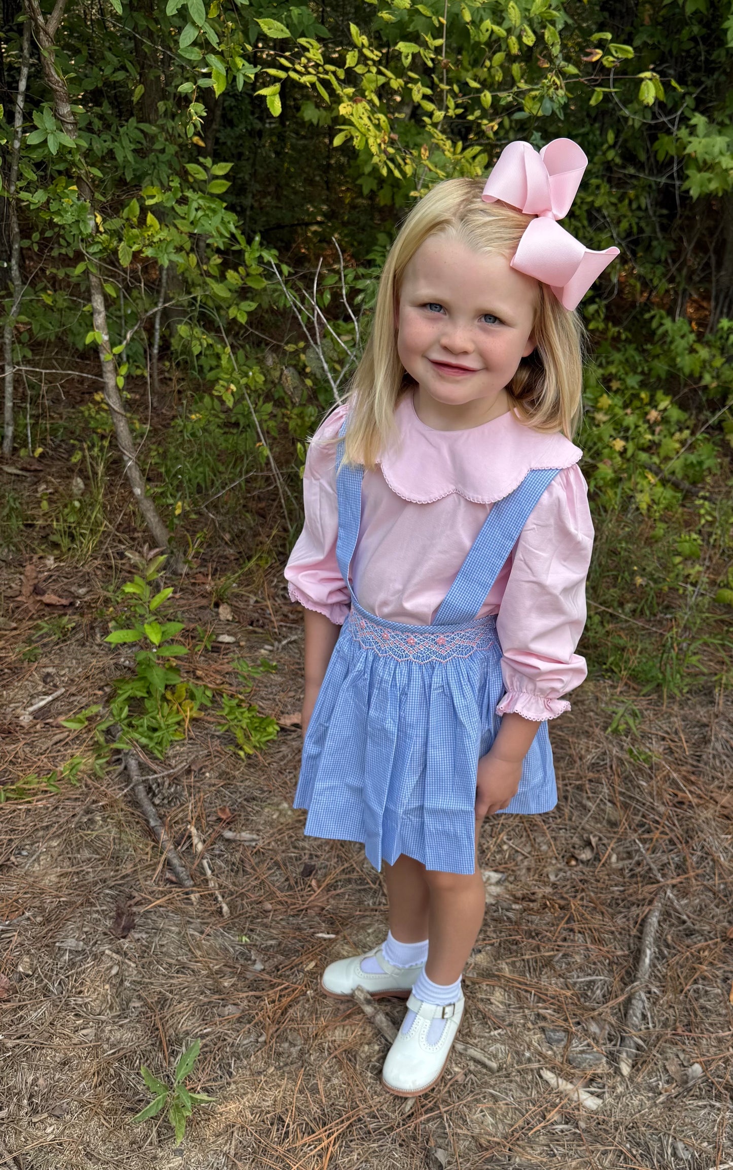 Blue Gingham Smocked Girls Flowers Jumper