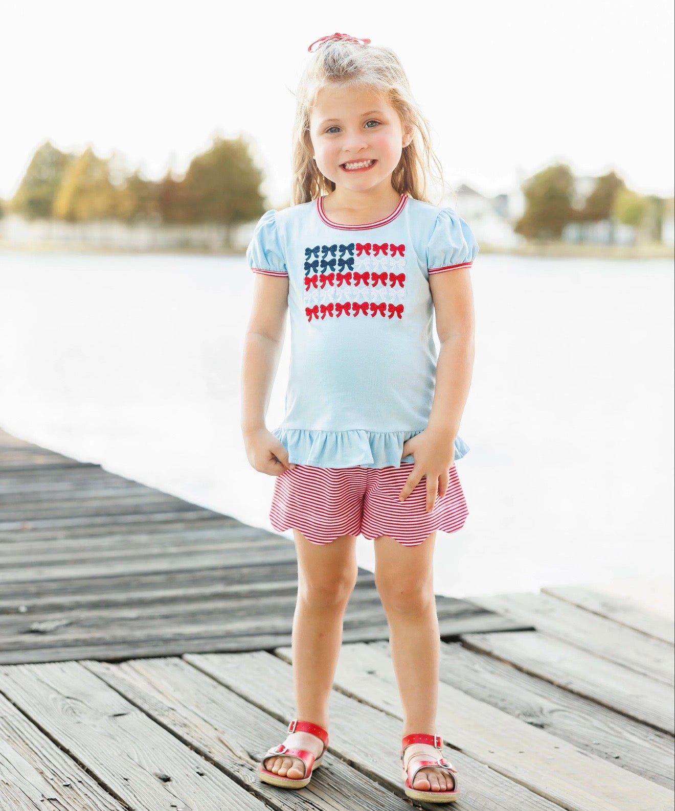 Red, White, and Bows Patriotic Girls Scallop Short Set