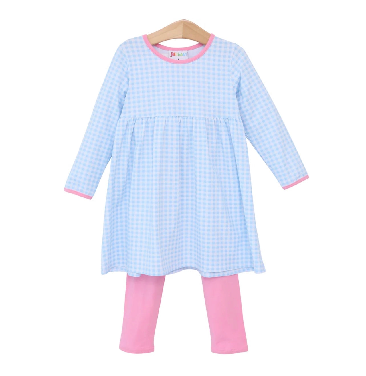 Sadie Girls Pants Set- Light Blue Gingham & Pink