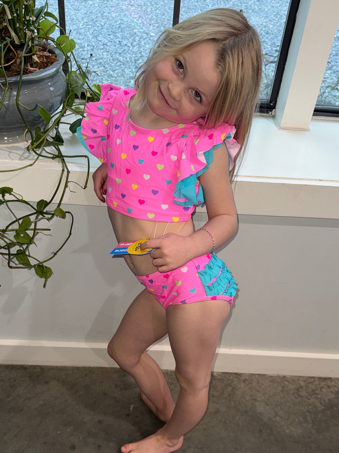 Neon Pink Colorful Hearts Girls Tankini