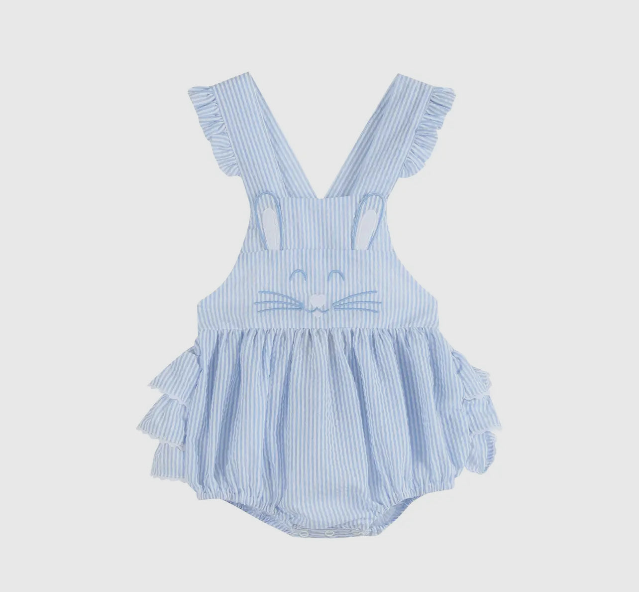 Blue Seersucker Bunny Face Girls Ruffle Bubble