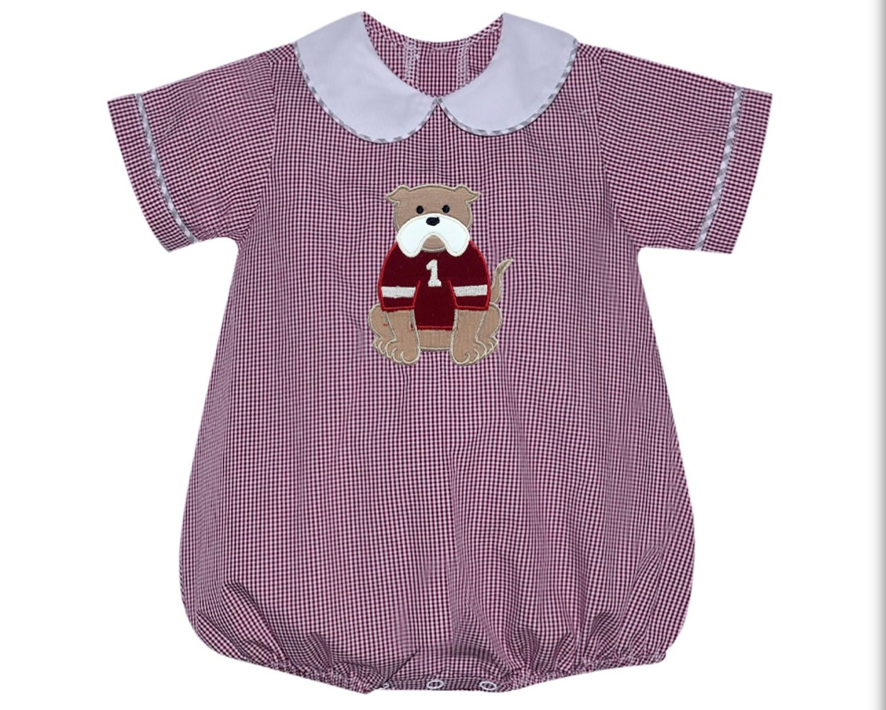 Maroon/White Boys Bulldog Appliqué Bubble