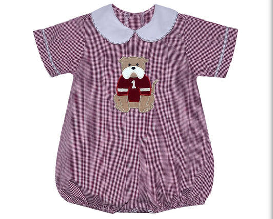 Maroon/White Boys Bulldog Appliqué Bubble