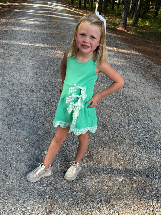 Green Bow/Scallop Girls Green Gingham Dress