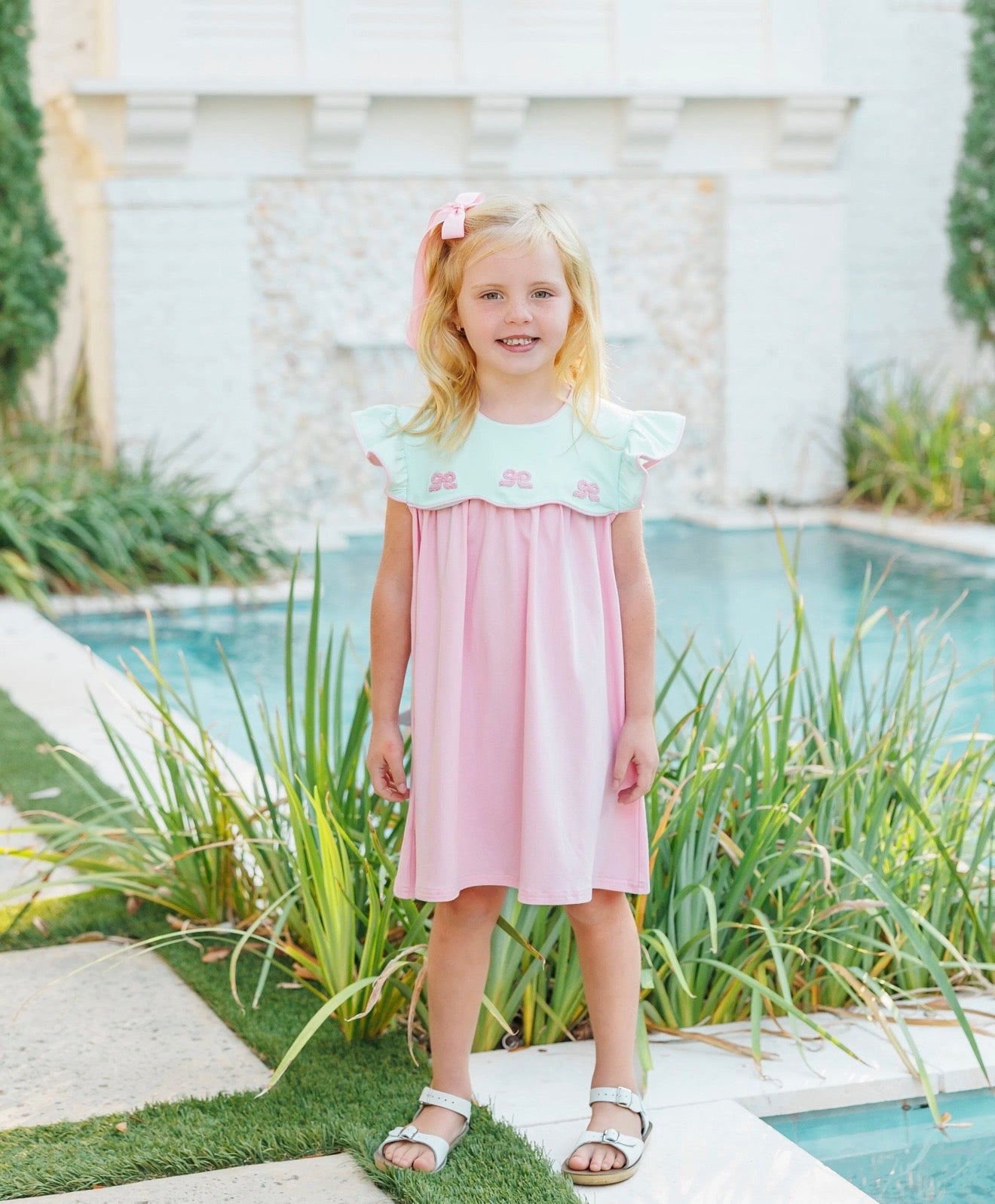 French Knot Bow Scallop Girls Dress