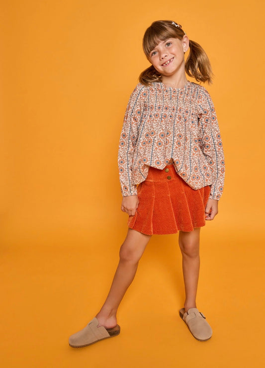 Rust Herringbone Corduroy Girls Pleated Skort