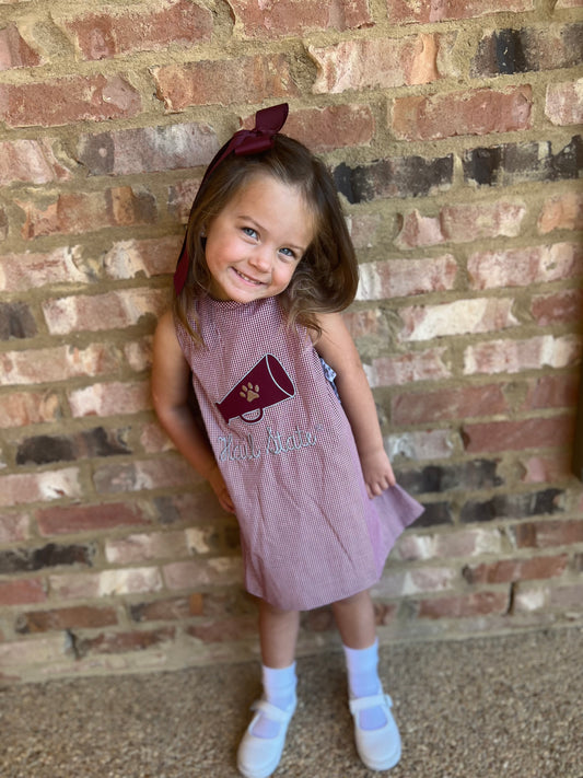 Megaphone Appliqué Girls Maroon/White Gingham Dress