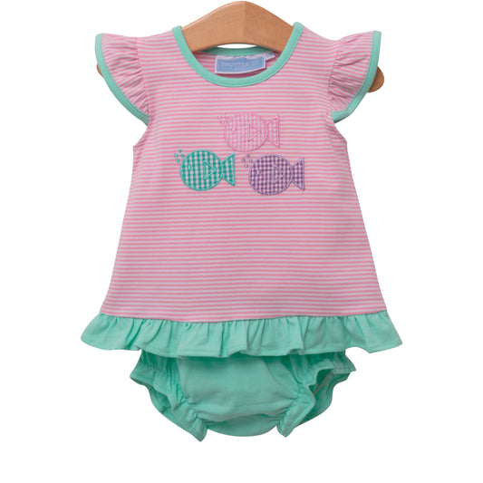 Fish Trio Appliqué Girls Ruffle Bloomer Set