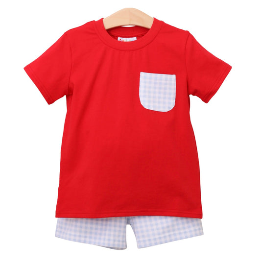 Blue Gingham/Red Pocket Patriotic Boys Short Set