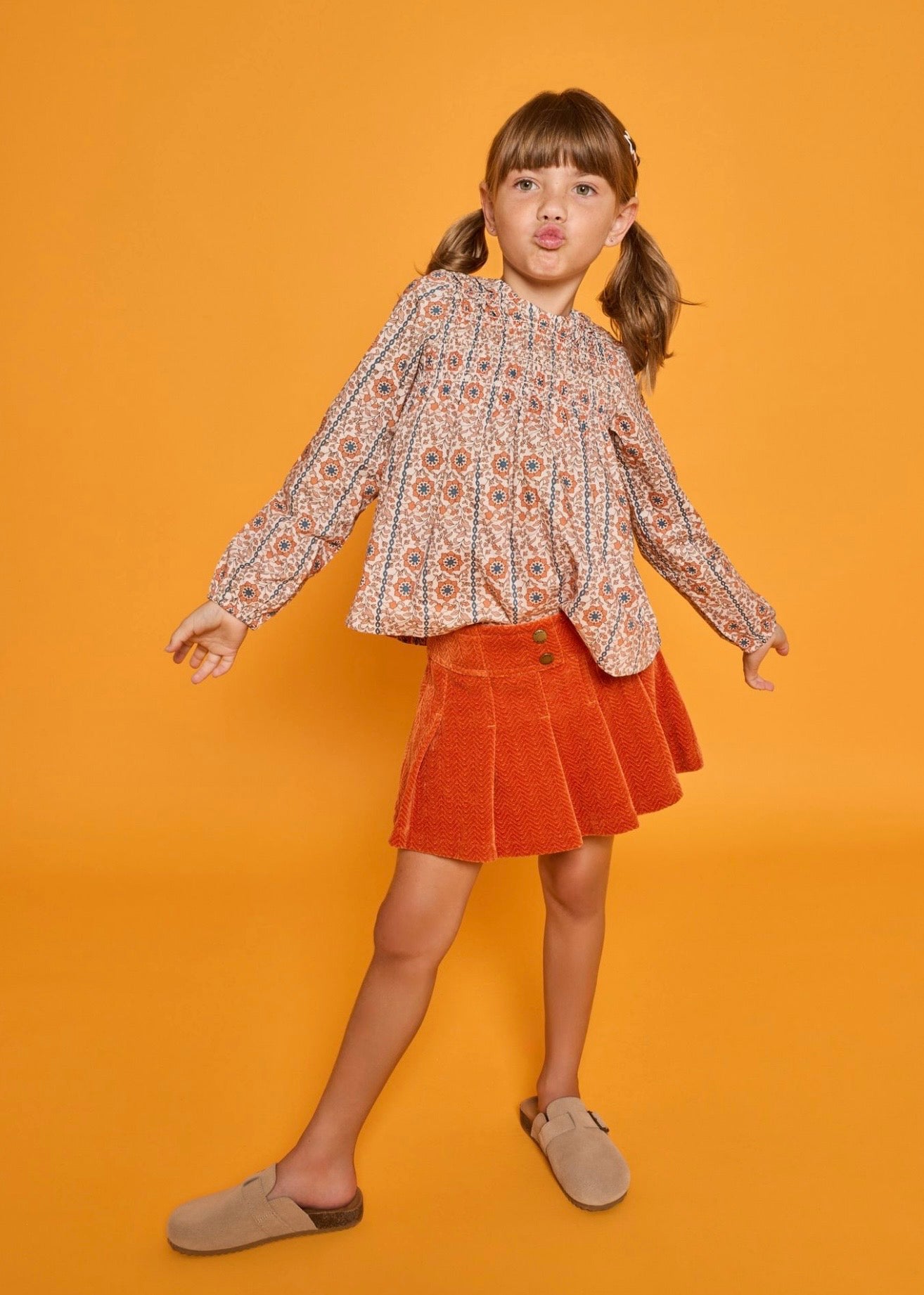 Rust Herringbone Corduroy Girls Pleated Skort