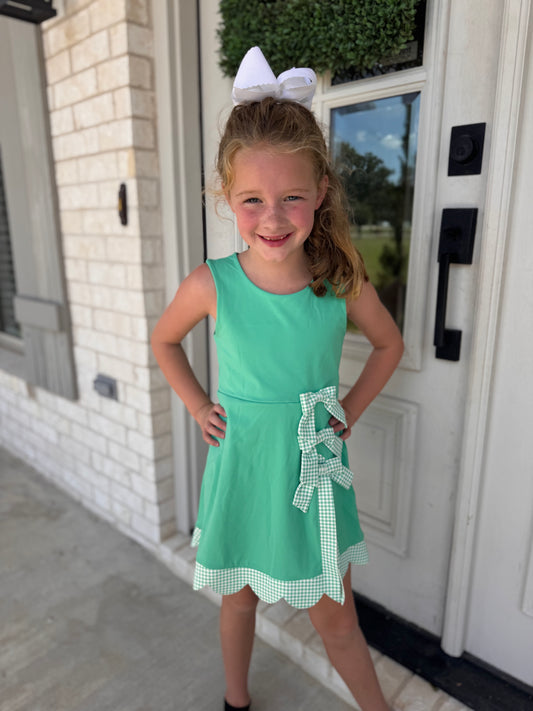 Green Bow/Scallop Girls Green Gingham Dress