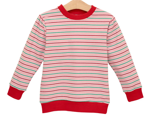 French Terry Girls Pink Merry & Bright Stripe Pullover