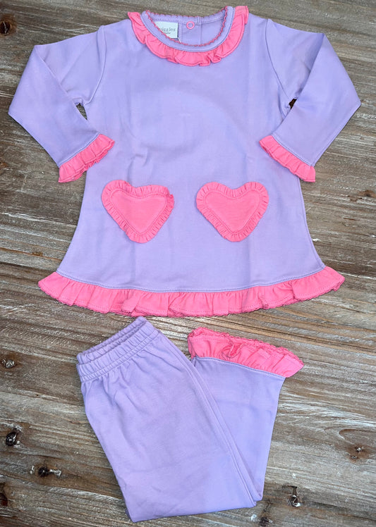 Squiggles Heart Appliqué Girls Pant Set-Lilac