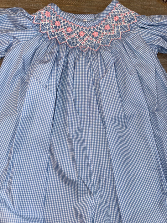 Blue Gingham Check Smocked Girls Flowers Romper