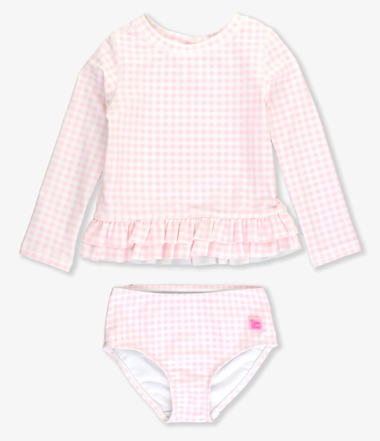 Pink Gingham Ruffle Hem Girls 2-Piece Rash Guard