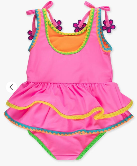 Neon Pink Crochet Girls Peplum One Piece