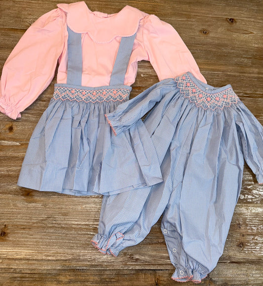 Blue Gingham Smocked Girls Flowers Jumper
