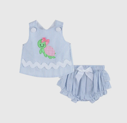 Light Blue Seersucker Turtle Girls Bloomer Set