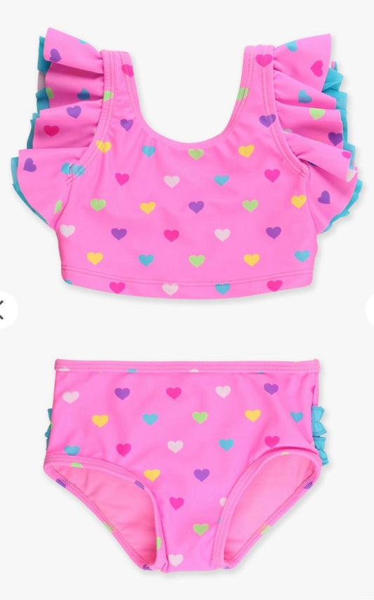 Neon Pink Colorful Hearts Girls Tankini