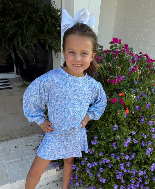 Blue Floral Girls Puff Sleeve Top