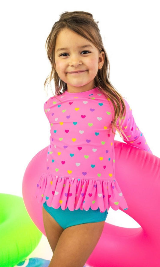 Neon Pink Colorful Hearts Scallop Hem Girls Rash Guard
