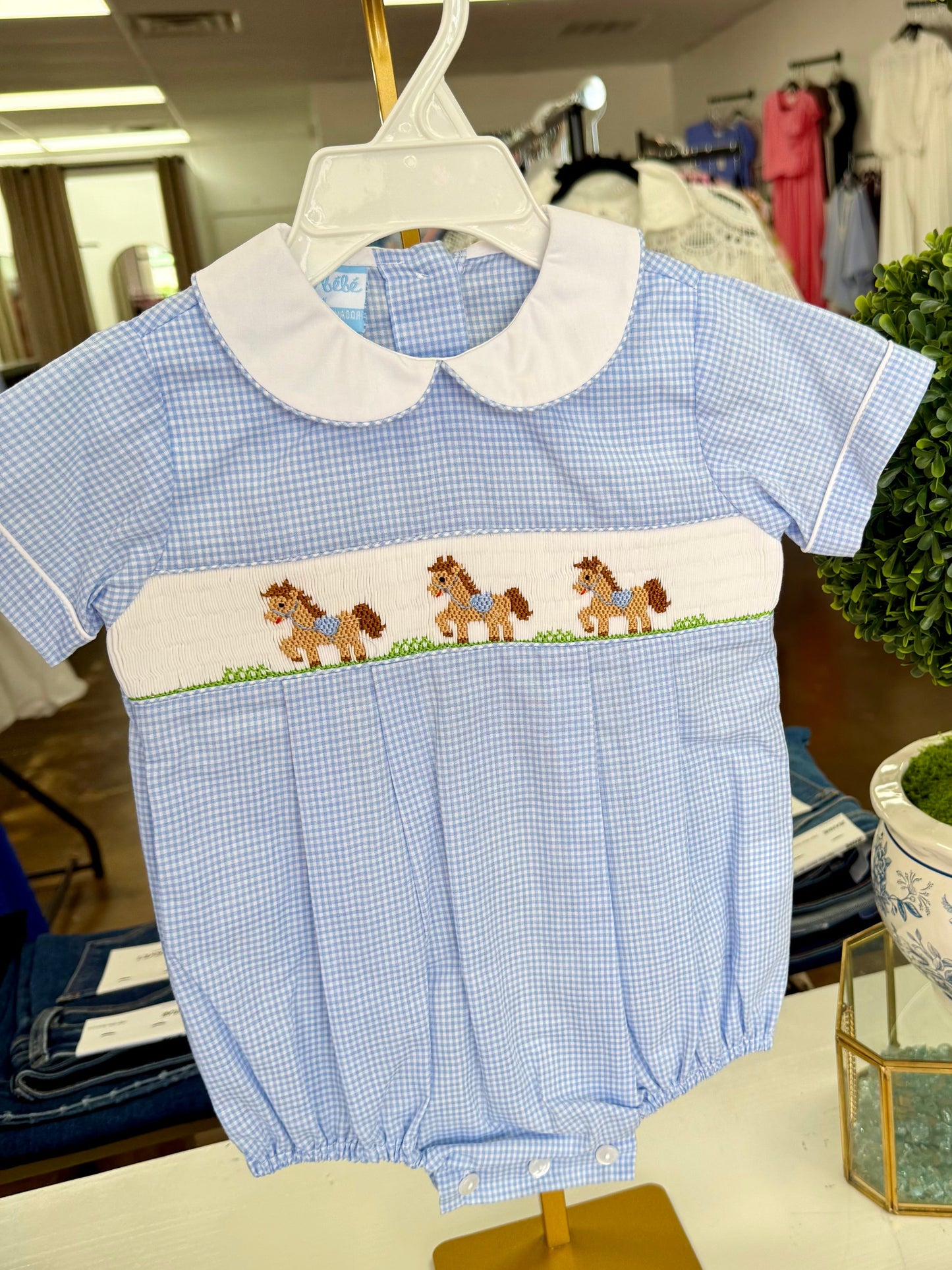 Blue Gingham Horses Boys Bubble