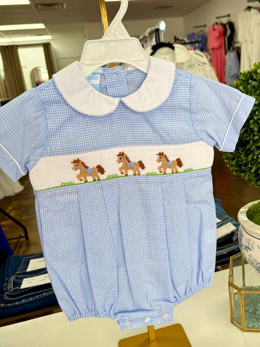 Blue Gingham Horses Boys Bubble