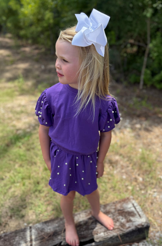 Purple Puff Sleeve Pearl Girls Skort Set