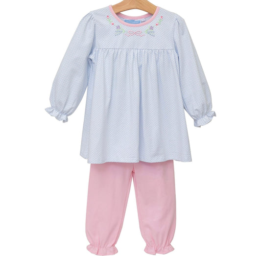 Floral Embroidery Girls Pants Set