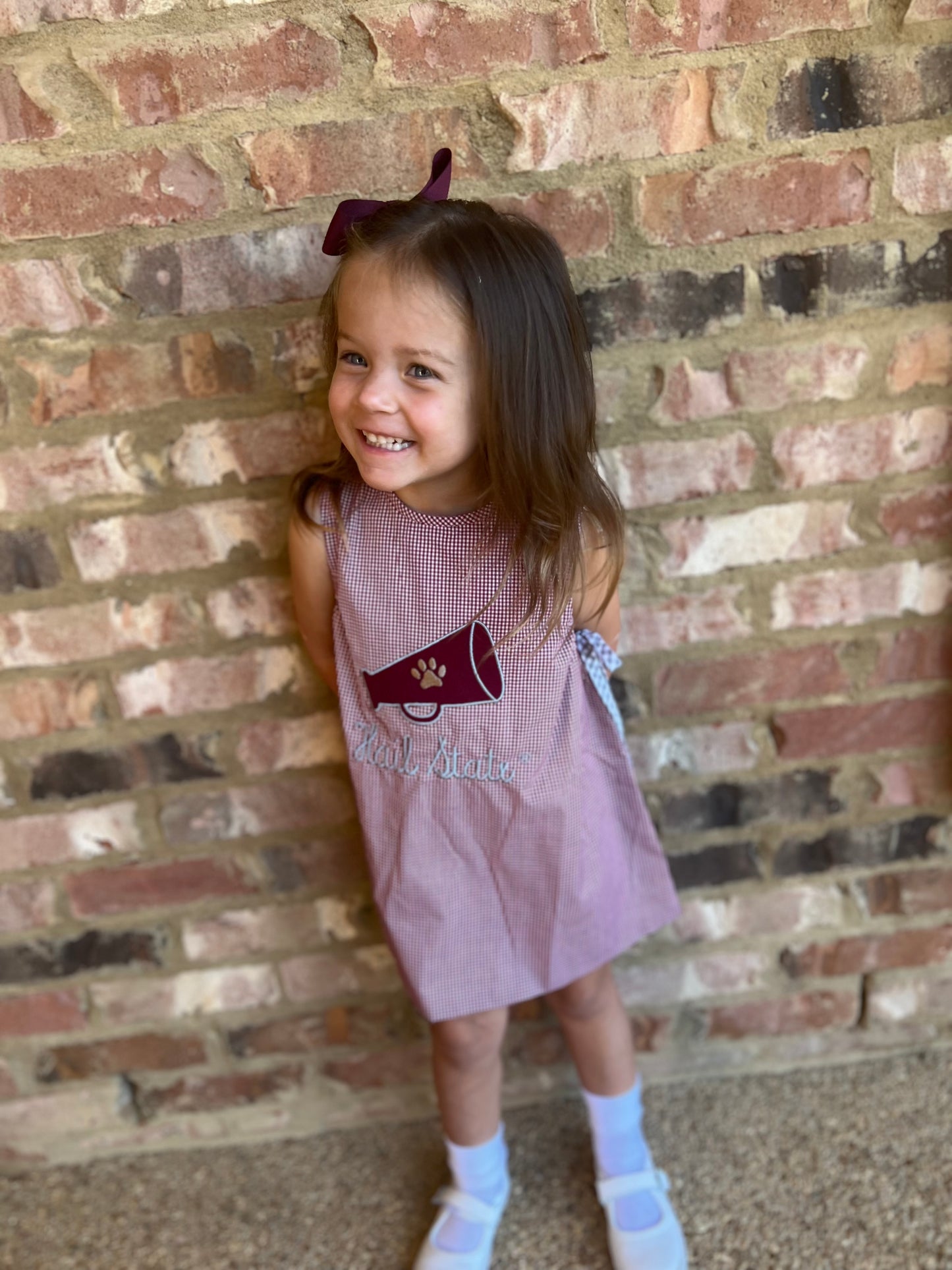 Megaphone Appliqué Girls Maroon/White Gingham Dress