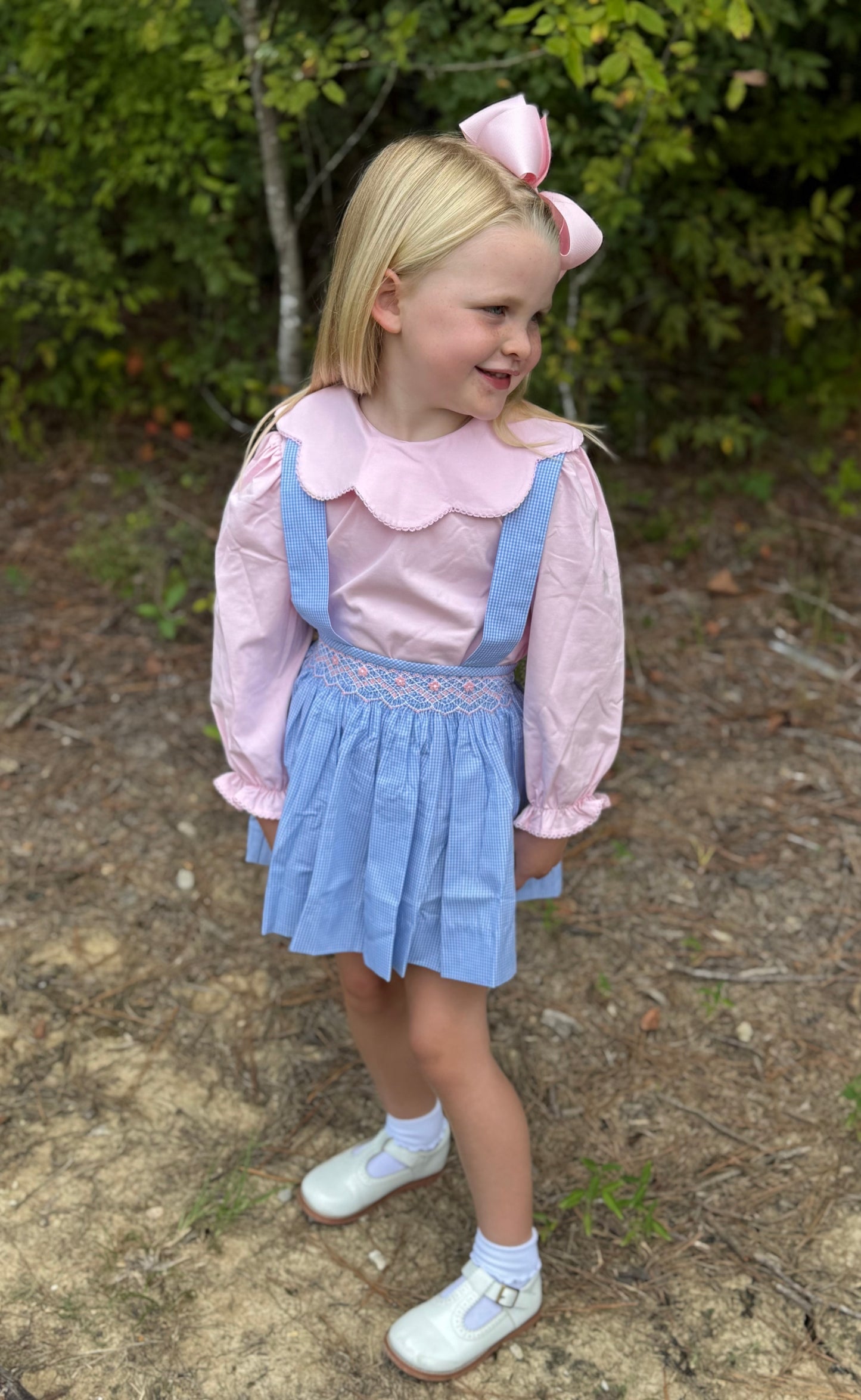Blue Gingham Smocked Girls Flowers Jumper