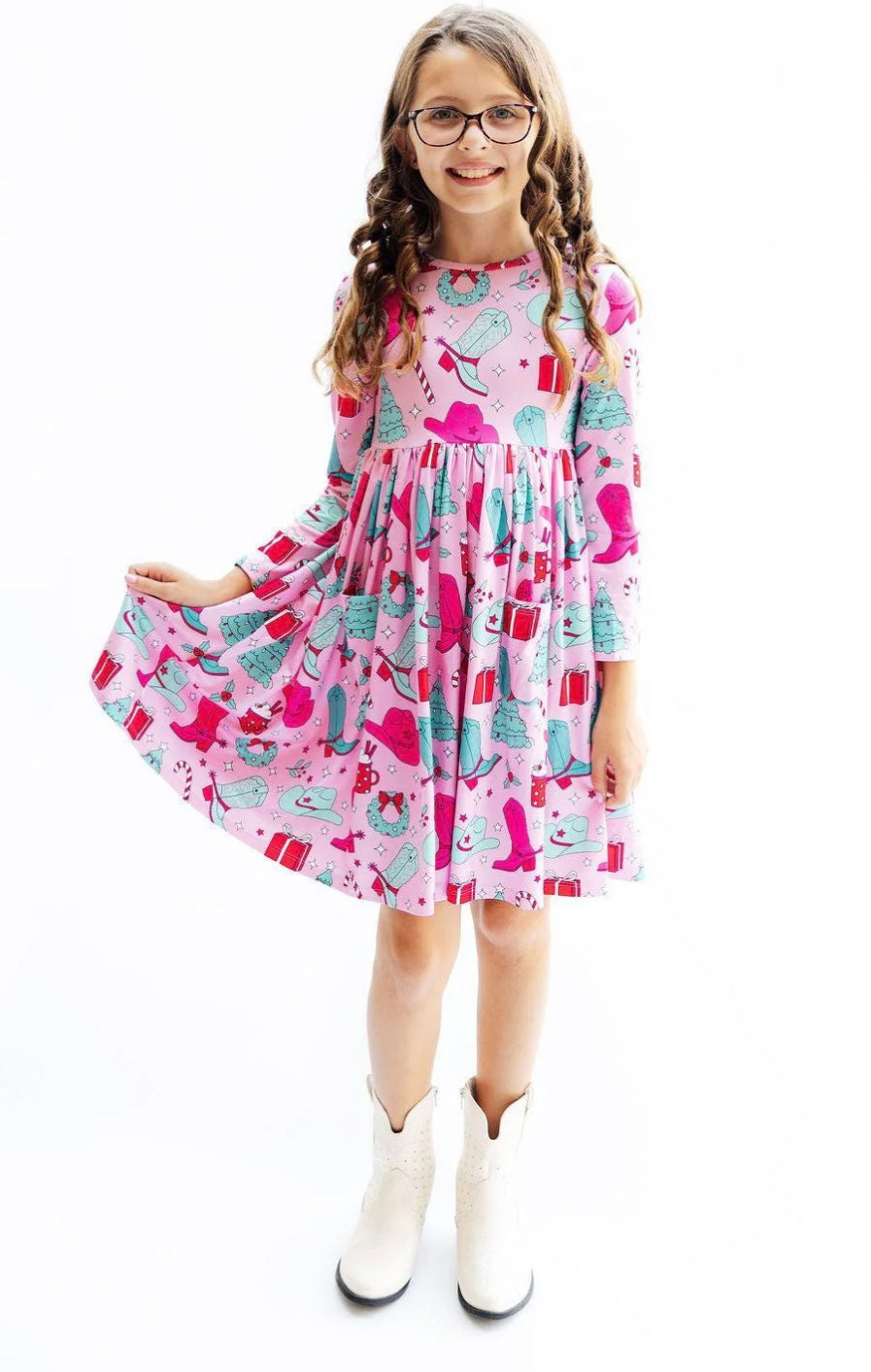 Christmas Cowgirl Girls Pocket Twirl Dress