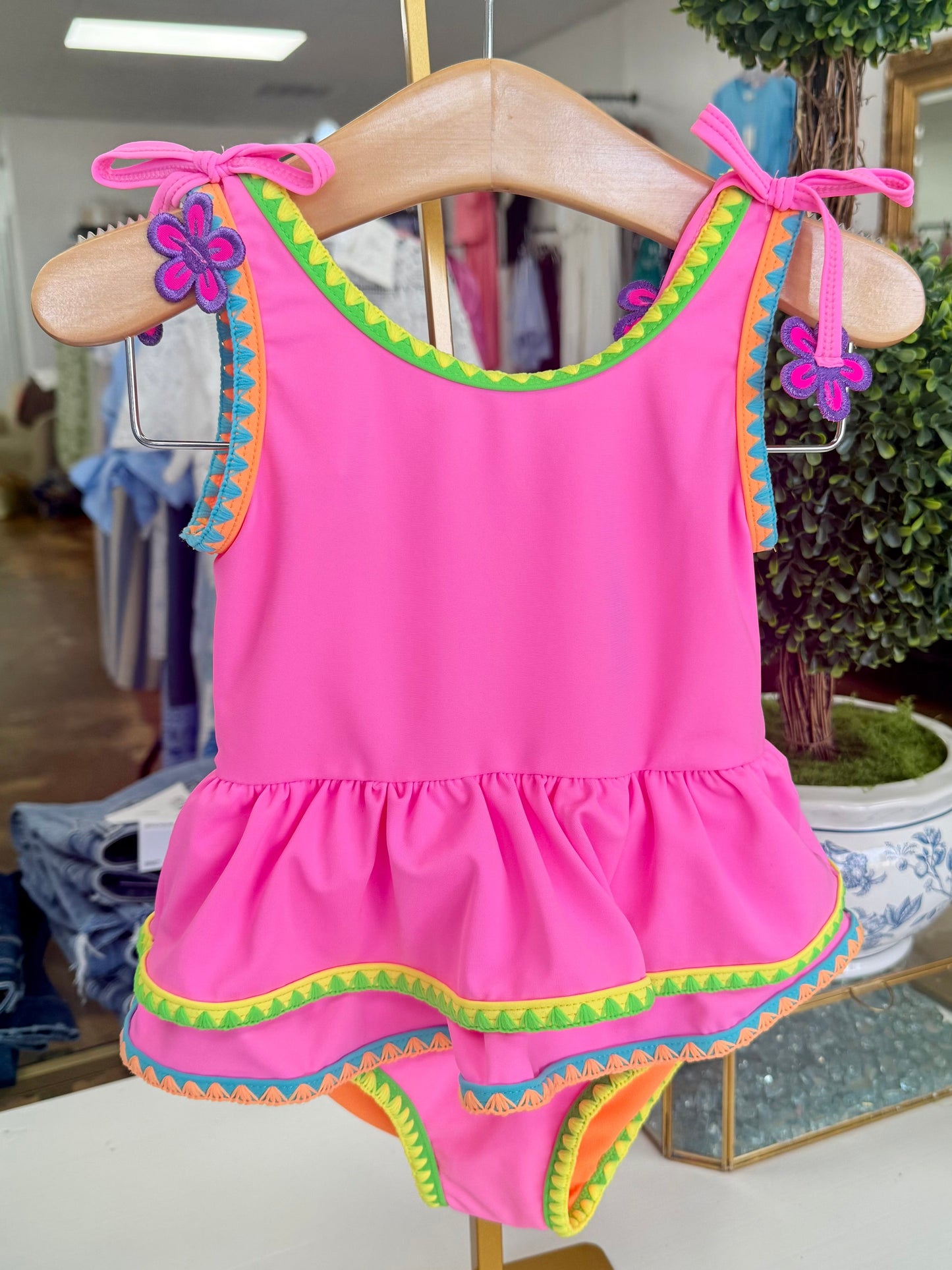 Neon Pink Crochet Girls Peplum One Piece