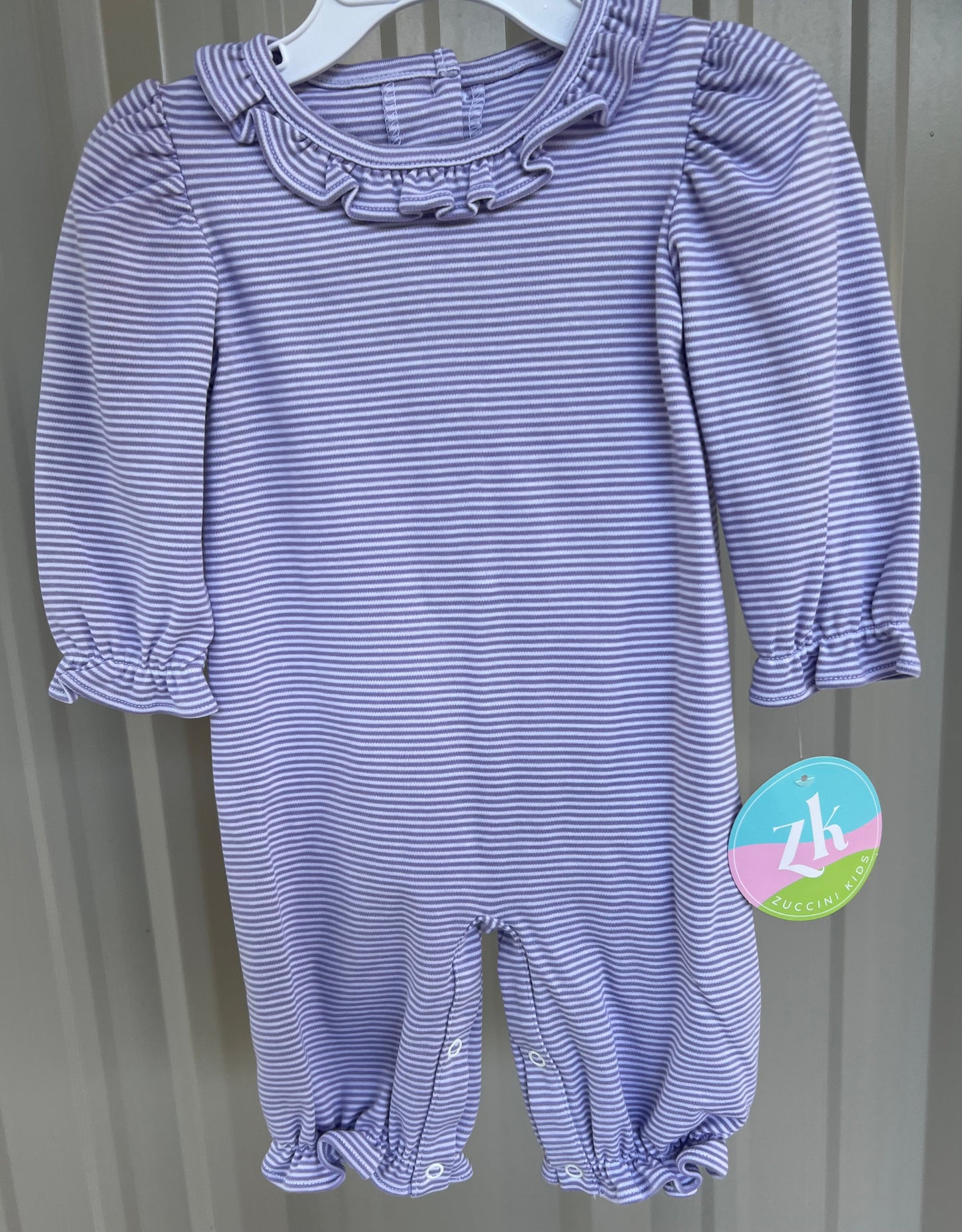 Susette Lavender Bitty Stripe Girls Knit Romper